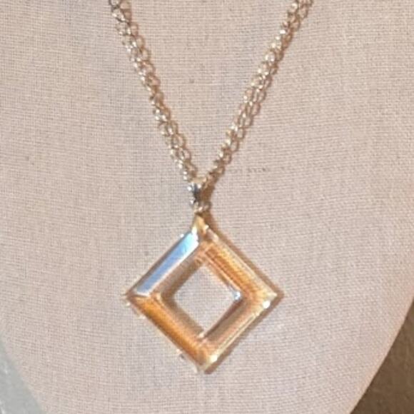 Cut Out Diamond Shape Pendant with Blue AB Crystal Beads on Silver Tone Necklace - Picture 4 of 10